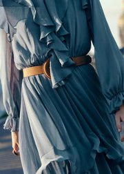 New Blue Ruffled Sashes Solid Chiffon Long Dresses Fall