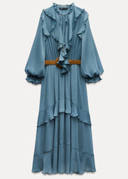 New Blue Ruffled Sashes Solid Chiffon Long Dresses Fall
