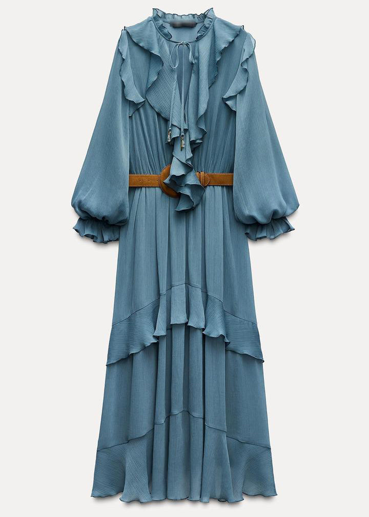 New Blue Ruffled Sashes Solid Chiffon Long Dresses Fall
