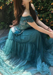 New Blue Slash Neck Tops And Ruffled Skirts Two Pieces Set Summer