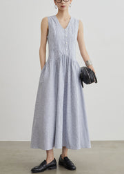 New Blue Striped Pockets High Waist Cotton Long Dresses Sleeveless