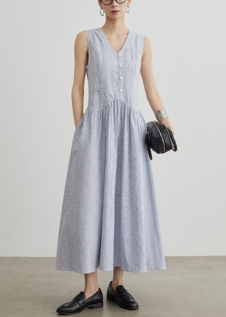New Blue Striped Pockets High Waist Cotton Long Dresses Sleeveless