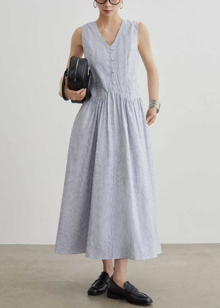 New Blue Striped Pockets High Waist Cotton Long Dresses Sleeveless