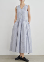 New Blue Striped Pockets High Waist Cotton Long Dresses Sleeveless