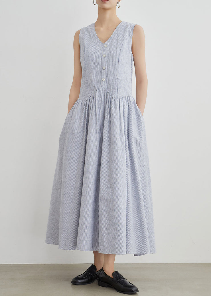 New Blue Striped Pockets High Waist Cotton Long Dresses Sleeveless