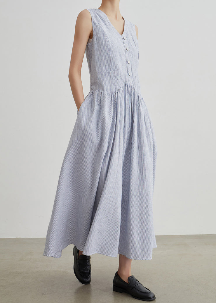 New Blue Striped Pockets High Waist Cotton Long Dresses Sleeveless