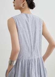 New Blue Striped Pockets High Waist Cotton Long Dresses Sleeveless
