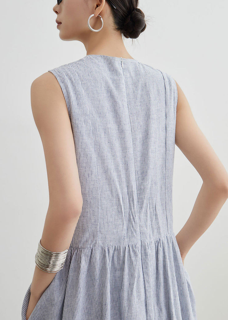 New Blue Striped Pockets High Waist Cotton Long Dresses Sleeveless