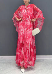 New Blue Tie Lace Patchwork Chiffon Maxi Dress Fall