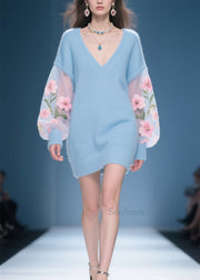 New Blue V Neck Floral Patchwork Knit Sweater Dress Fall