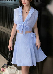 New Blue V Neck Lace Up Tops And Skirts Cotton Two Pieces Set Summer