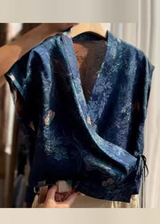 New Blue V Neck Print Lace Up Silk Shirt Summer