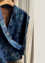 New Blue V Neck Print Lace Up Silk Shirt Summer