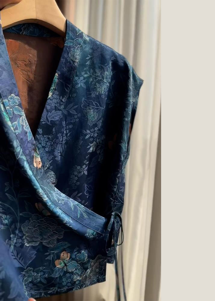 New Blue V Neck Print Lace Up Silk Shirt Summer