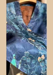 New Blue V Neck Print Lace Up Silk Shirt Summer