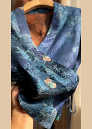 New Blue V Neck Print Lace Up Silk Shirt Summer