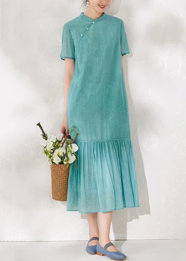 New Blue Wrinkled Pockets Linen Long Dress Summer