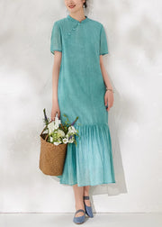 New Blue Wrinkled Pockets Linen Long Dress Summer