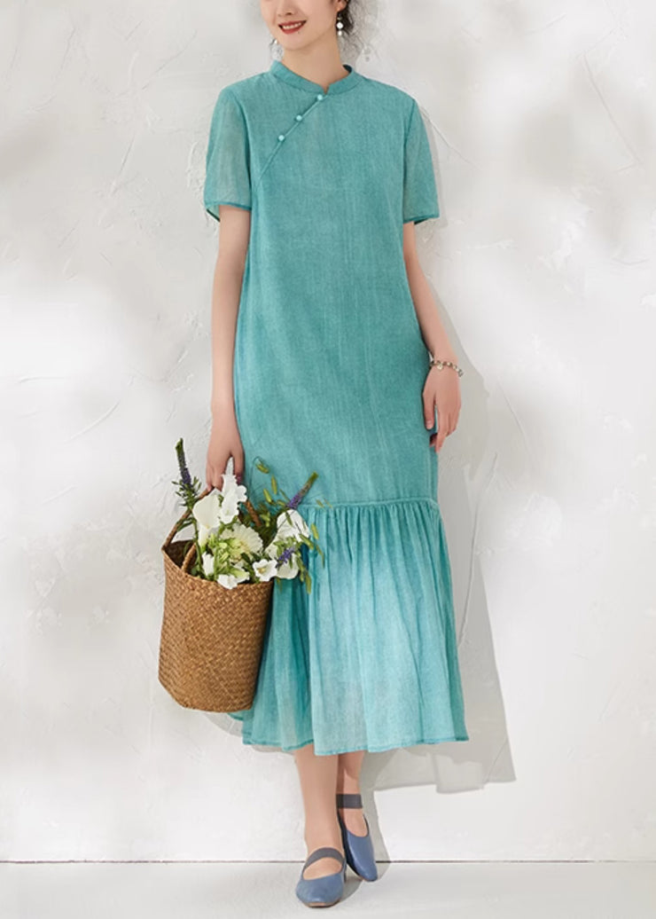 New Blue Wrinkled Pockets Linen Long Dress Summer