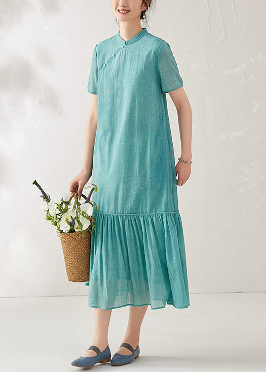 New Blue Wrinkled Pockets Linen Long Dress Summer