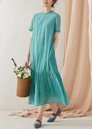 New Blue Wrinkled Pockets Linen Long Dress Summer