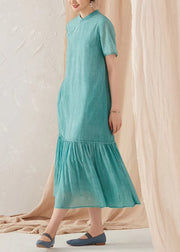 New Blue Wrinkled Pockets Linen Long Dress Summer