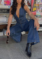 New Blue Zip Up Backless Denim Jumpsuit Sleeveless