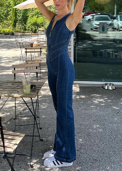 New Blue Zip Up Backless Denim Jumpsuit Sleeveless