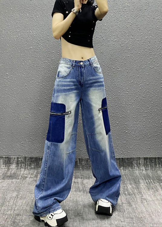 New Blue Zip Up Pockets Patchwork Denim Wide Leg Pants Spring