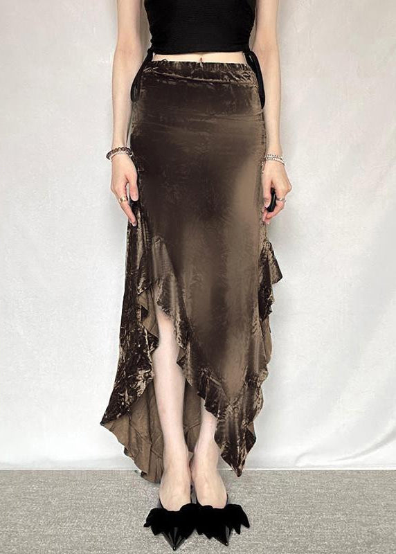 New Brown Asymmetrical Elastic Waist Silk Velvet Skirt Summer