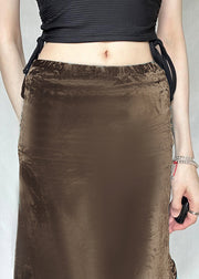 New Brown Asymmetrical Elastic Waist Silk Velvet Skirt Summer