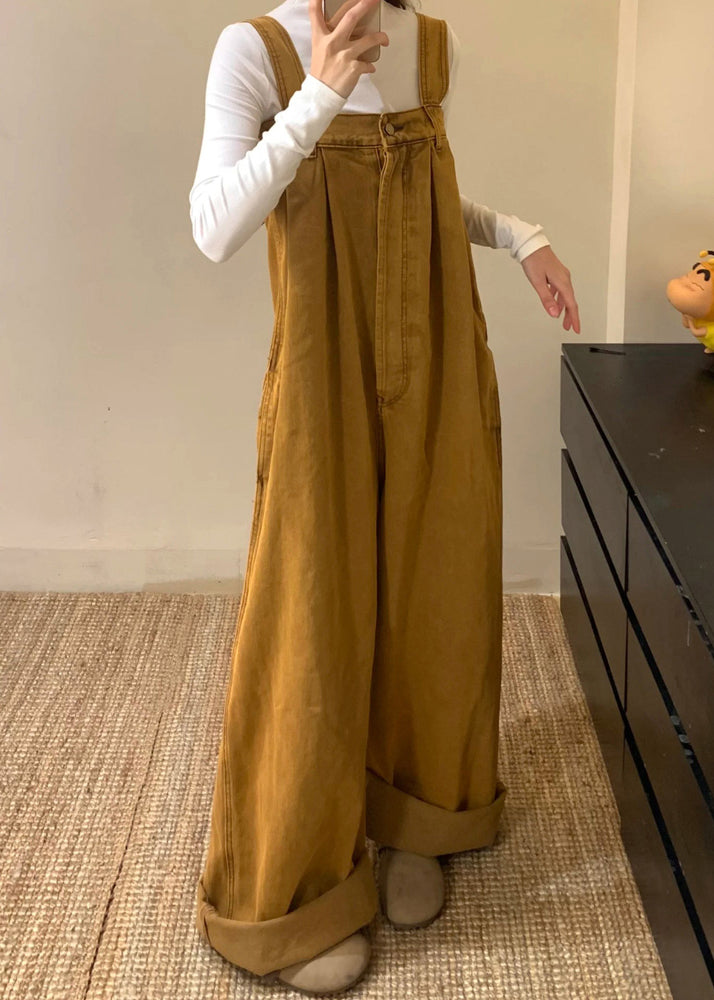 New Brown Button Solid Denim Jumpsuits Sleeveless