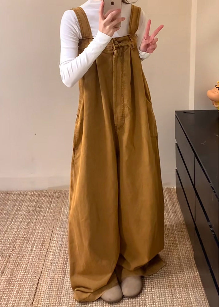 New Brown Button Solid Denim Jumpsuits Sleeveless