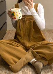 New Brown Button Solid Denim Jumpsuits Sleeveless