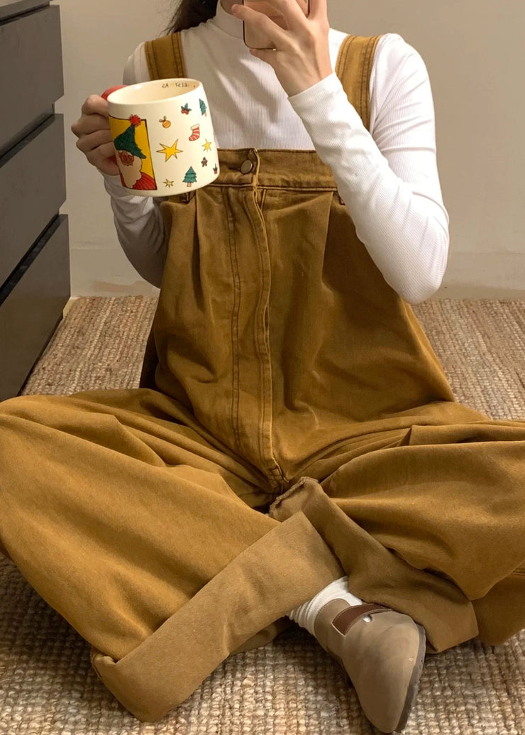 New Brown Button Solid Denim Jumpsuits Sleeveless