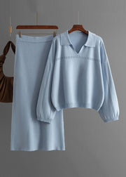 New Brown Hollow Out Tops And Skirts Knit Two Pieces Set Spring