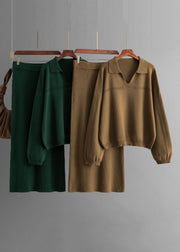 New Brown Hollow Out Tops And Skirts Knit Two Pieces Set Spring