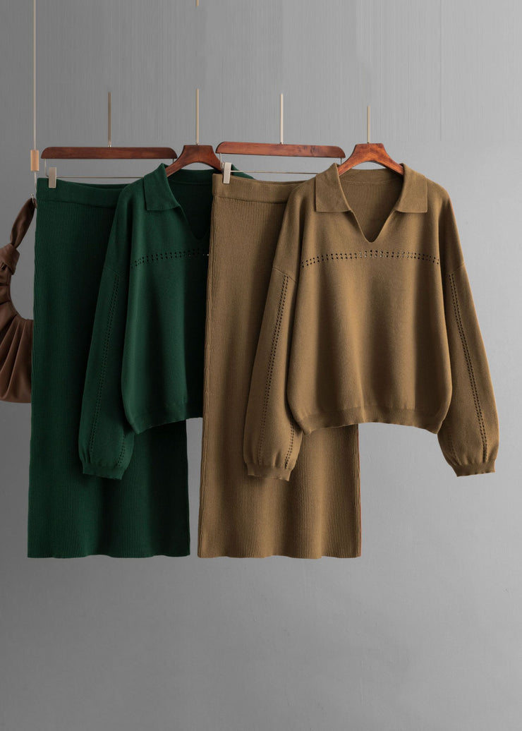 New Brown Hollow Out Tops And Skirts Knit Two Pieces Set Spring
