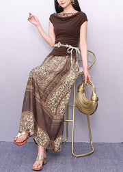 New Brown Lace Print Patchwork Cotton Two Piece Set Summer