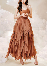 New Brown Lace Up Solid Cotton Spaghetti Strap Dress Sleeveless