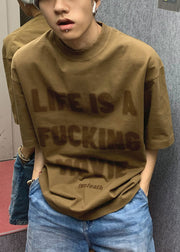 New Brown Letter Hole Oversized Cotton Men T Shirts Half Sleeve