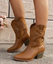 New Brown Pointed Toe Suede Splicing Faux Leather Chunky Boots