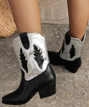 New Brown Pointed Toe Suede Splicing Faux Leather Chunky Boots