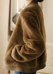New Brown Stand Collar Pockets Patchwork Wool Jacket Winter