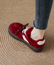 New Brown Suede Lace Up Splicing Flat Feet Shoes Fuzzy Wool Lined