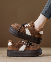 New Brown Suede Lace Up Splicing Flat Feet Shoes Fuzzy Wool Lined