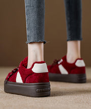 New Brown Suede Lace Up Splicing Flat Feet Shoes Fuzzy Wool Lined