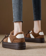 New Brown Suede Lace Up Splicing Flat Feet Shoes Fuzzy Wool Lined