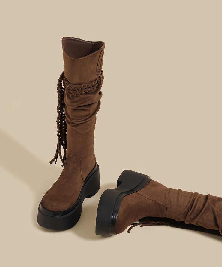 New Brown Wrinkled Tassel Splicing Platform Boots