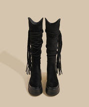 New Brown Wrinkled Tassel Splicing Platform Boots